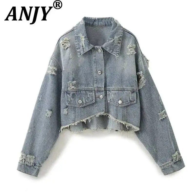 ANJY Spring Autumn New Women Fashion Ripped Raw Edge Patchwork Short Denim Jackets Washed Retro Splash-ink Straight Jeans A25413