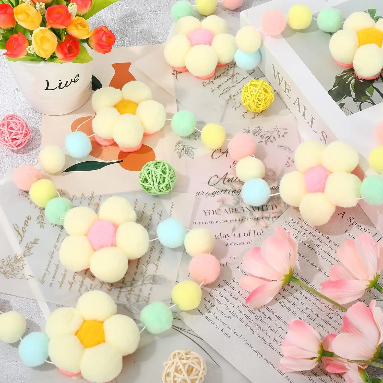 1pc Felt Flower Garland Cute Colorful Handmade Exquisite Beaded Banner Boho Hanging Decoration Home Spring Party Supplies