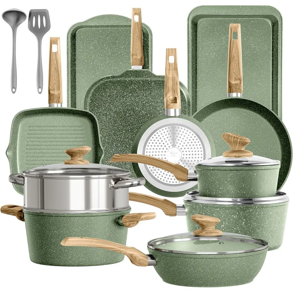 

Набор посуды из 17 предметов с антипригарным гранитным покрытием для индукционных плит, включая сковороды