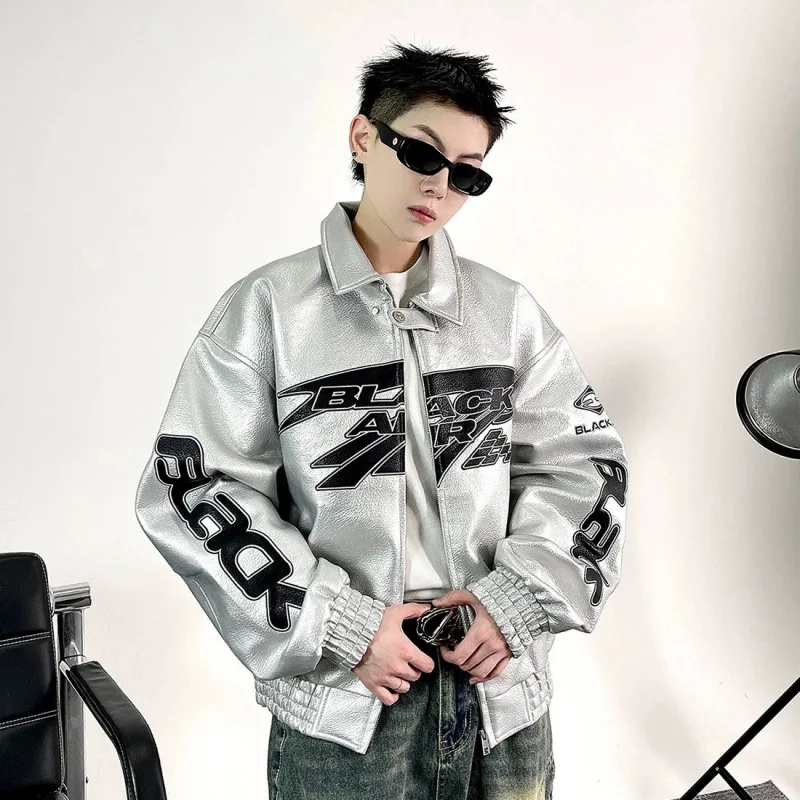 

Heavy Duty Embroidered Men's Motorcycle Leather Jacket, Silver Edgy Aesthetic Windbreaker for Men, Autumn Fashion Mans Clothes