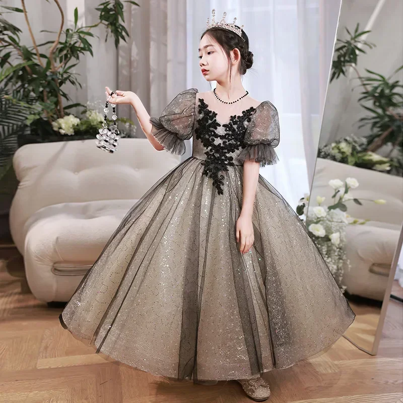 

Black Evening Dress 2024 Spring New Sweet Birthday Princess Dress Flower Girl Host Piano Performance Dress