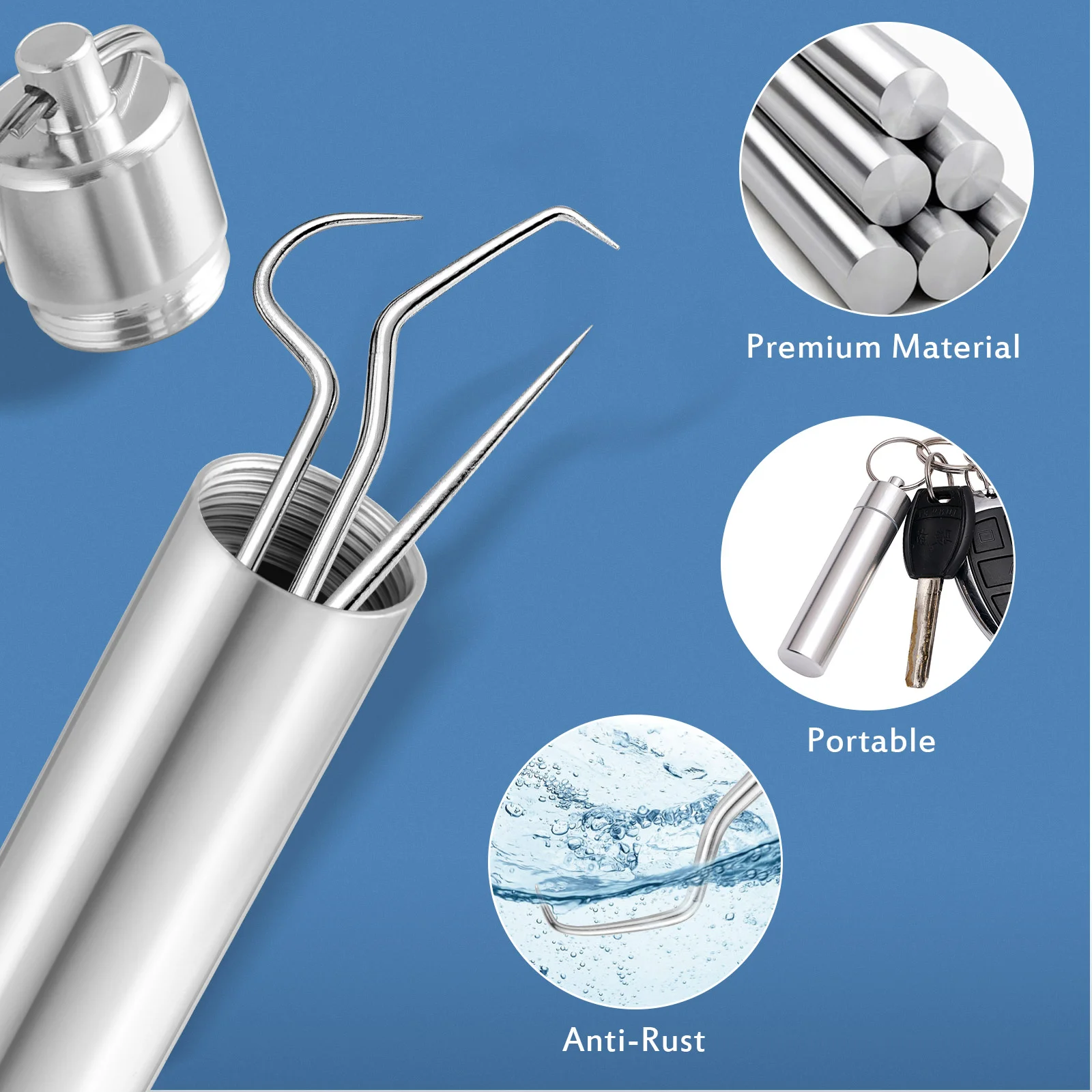 Зубочистка из нержавеющей стали, зубочистки, металлический многоразовый крючок для чистки, брелок для ключей
