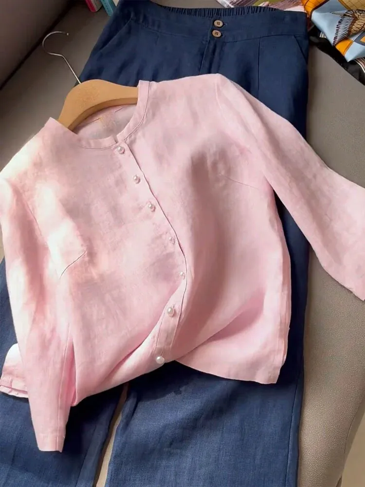 

Premium Pink round Neck Linen Silk Shirt Women's Thin Style Ageless Versatile Commute Sunscreen Top Long Sleeve Regular Fit