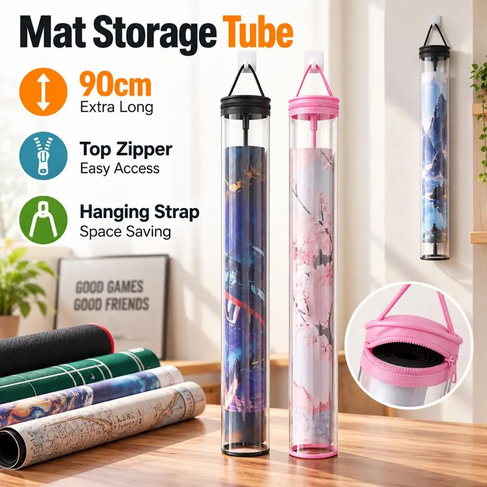 Black 33.5-Inch Mahjong Mat Storage Bag Toy with Transparent Tube Top Zipper Buckle Roll up Organizer for Items