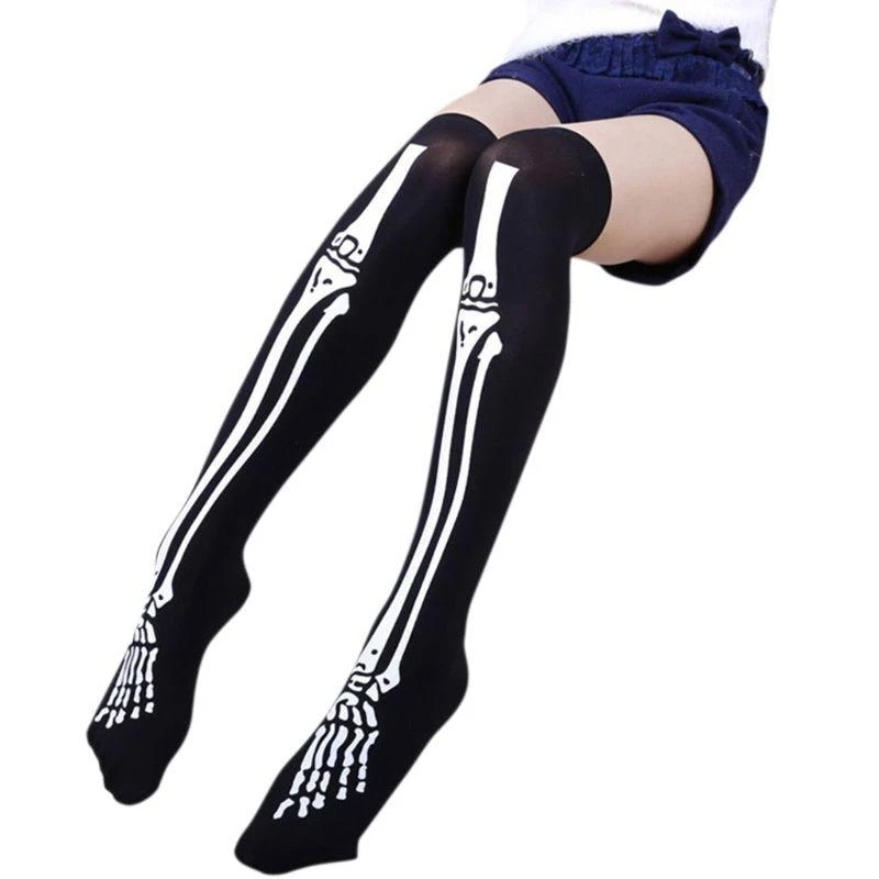 J15U Womens Halloween Cosplay Skull Skeleton Bone Gloves Thigh High Stockings Socks