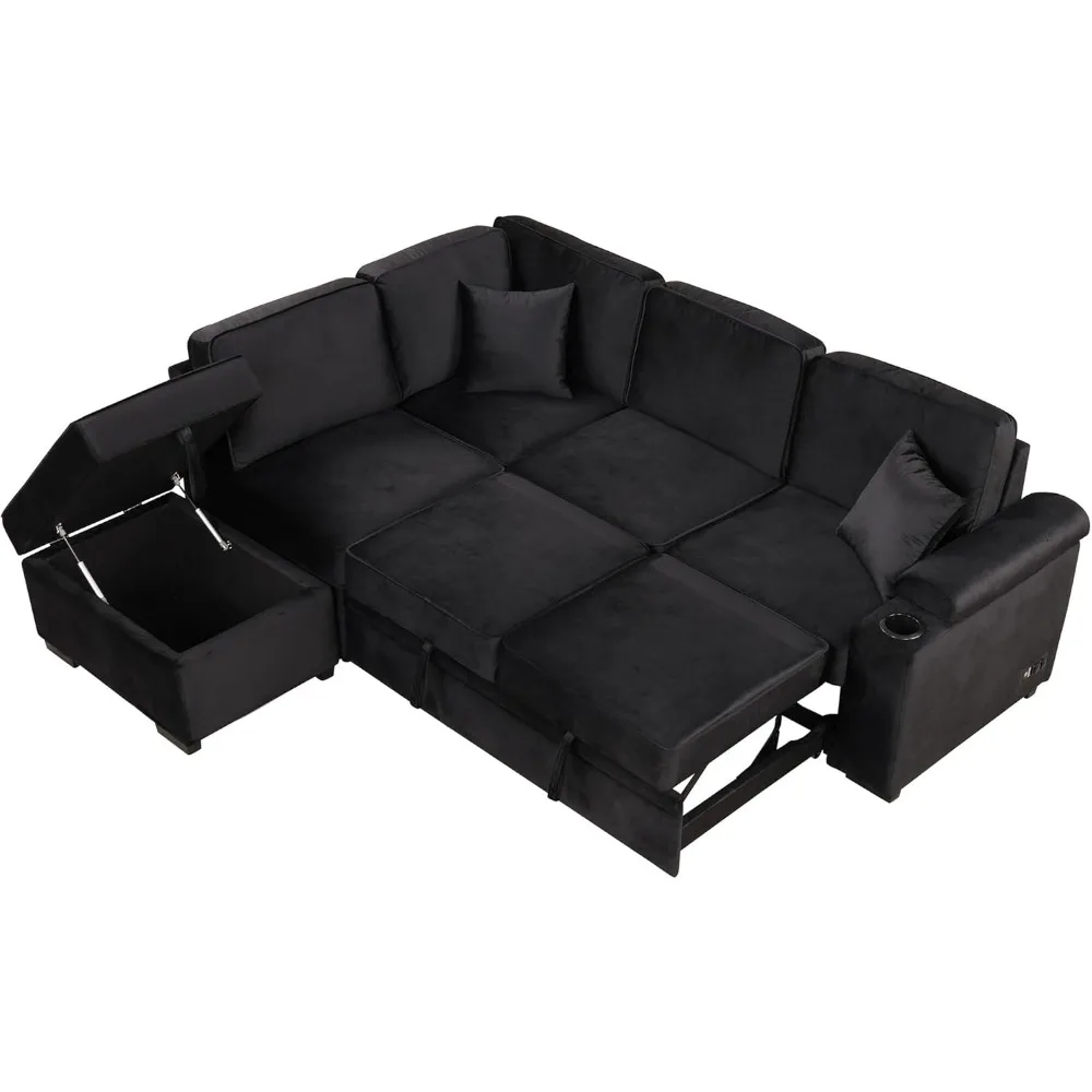 

87" Convertible Sleeper Sofa Bed with Storage Ottoman, with Cup Holder & Charging Stations, Pull Out Sofa Couch with Chaise