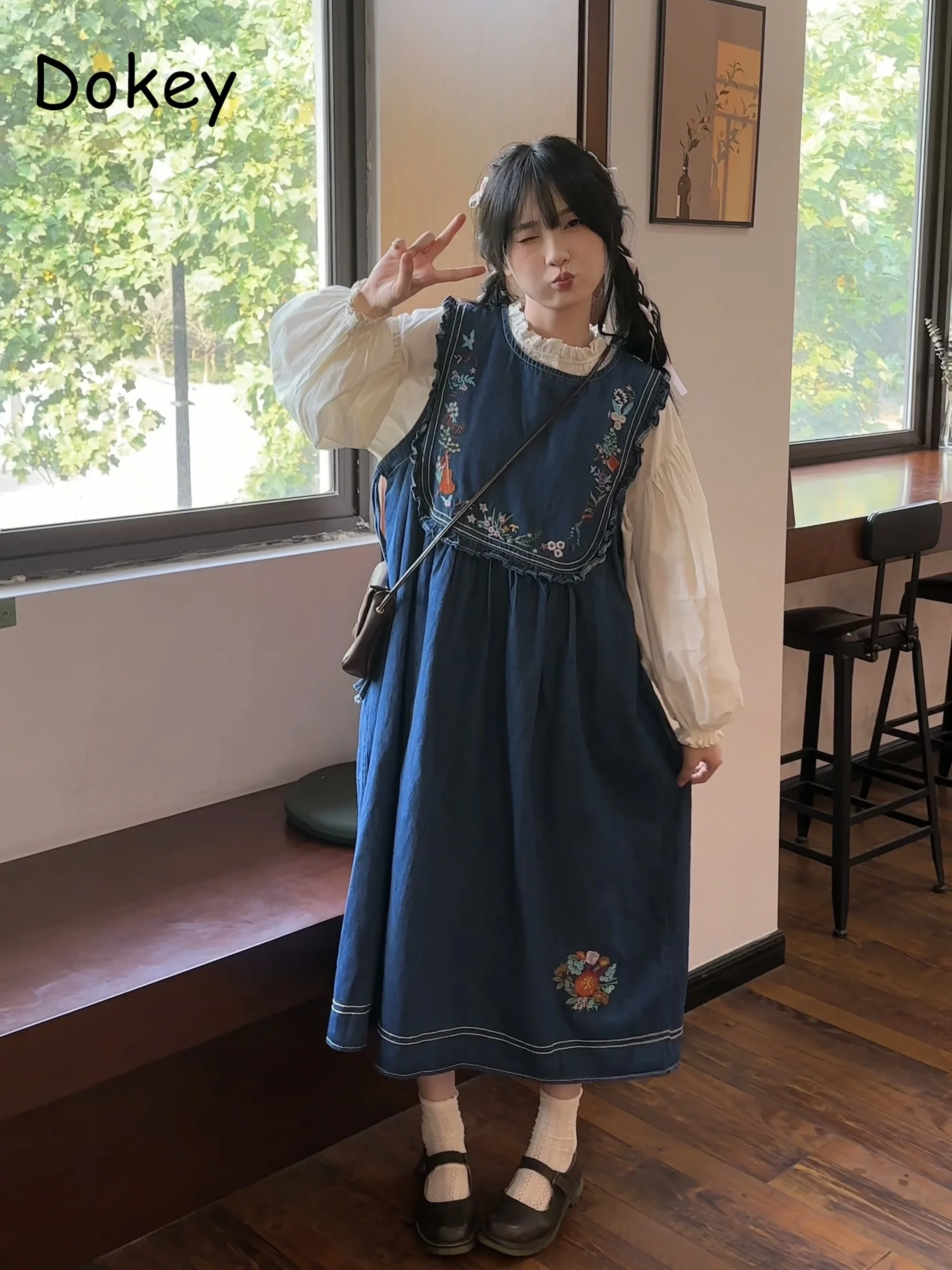 Abito Vintage con bretelle in Denim ricamato donna giapponese Mori Girl Ruffle Jeans senza maniche abito tuta dritta allentata