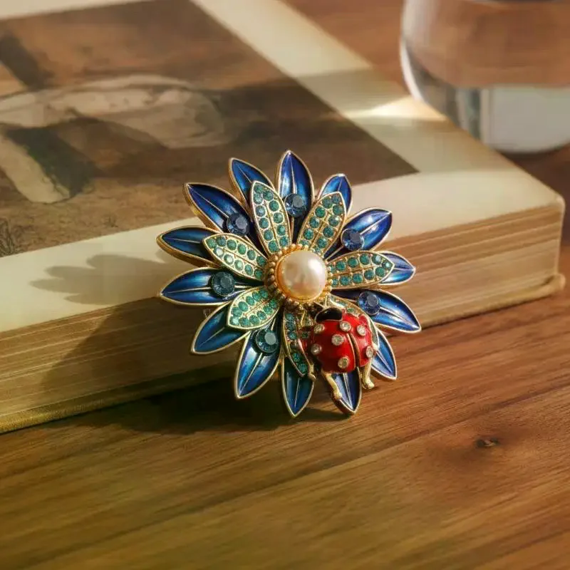 Vintage Enamel Flower Ladybug Brooch Shiny Rhinestone Faux Pearl Center Jewelry for Banquet Occasion Wear