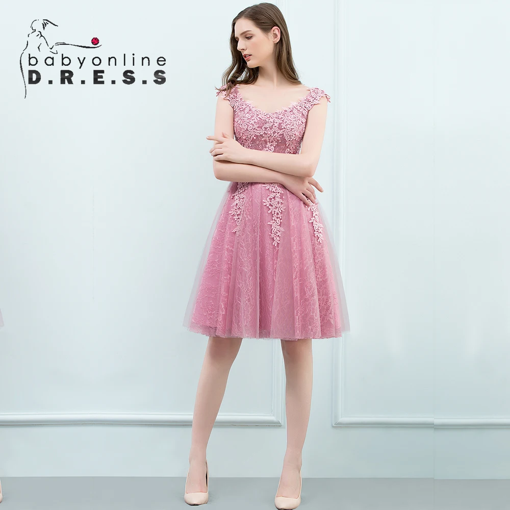 Short Prom Dress Underlaid V-neckline Floral Embroidery  Pearls Beads Top Deep Back A Line Knee-Length Gown Evening