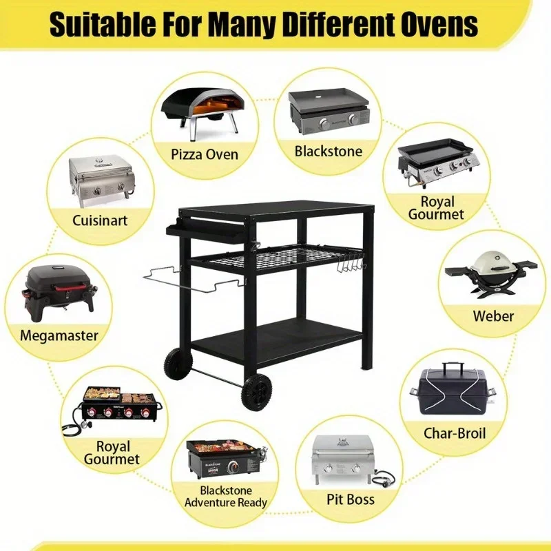 Outdoor Grill Cart Oven Stand 3-Shelf Flattop BBQ Prep Movable Table with Wheels