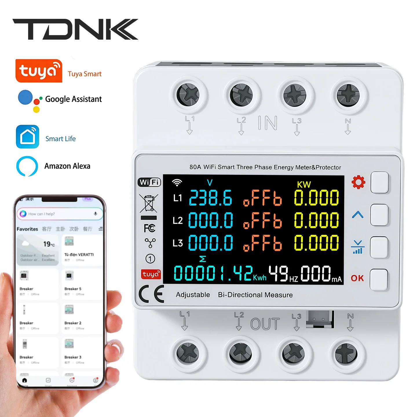 Tuya WiFi Three Phase PV Bidirectional KWH Meter Smart Overvoltage Undervoltage Protector Multifunction Electric Monitor