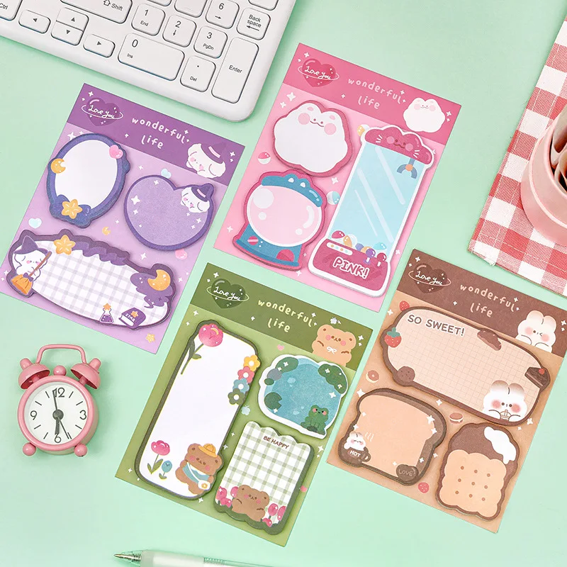 4pcs/lot Cartoon Combination Sticky Notes, Students Stationery Supplies, N-time Stickers, Notebook Notes, Cute Message Notes