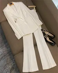 Traje de oficina para mujer, Blazer de manga larga con un solo botón, pantalones acampanados, 2 piezas