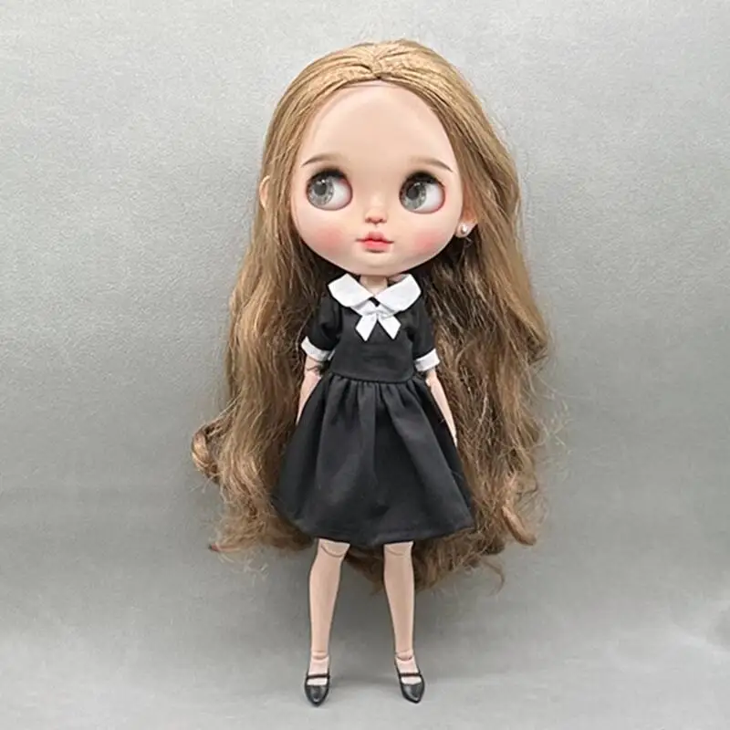 New Handmade Blyth Clothes Round Neck Short Sleeve Bow Tie Dress Black and White Skirt for Blythe Barbie OB24 Azone 1/6 Dolls