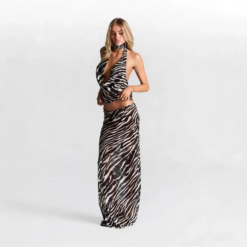KEXU Women's Sexy Zebra Print Sleeveless Hanging Neck Swinging Collar Tied Long Skirt Set