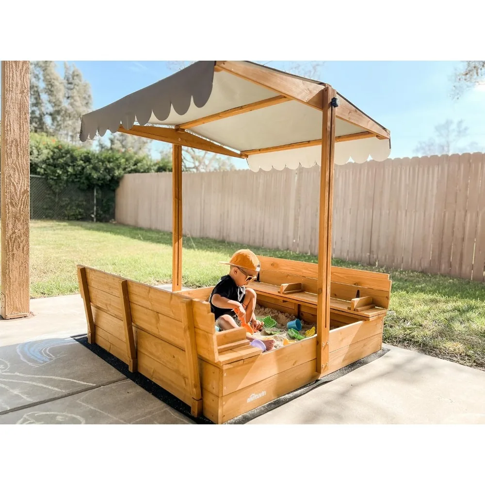 Sandbox with Lid, Sand Boxes for Kids Outdoor, 47.2 Inch Sand Pit with 2 Foldable Bench Seats, UV-Resistant & Adjustab