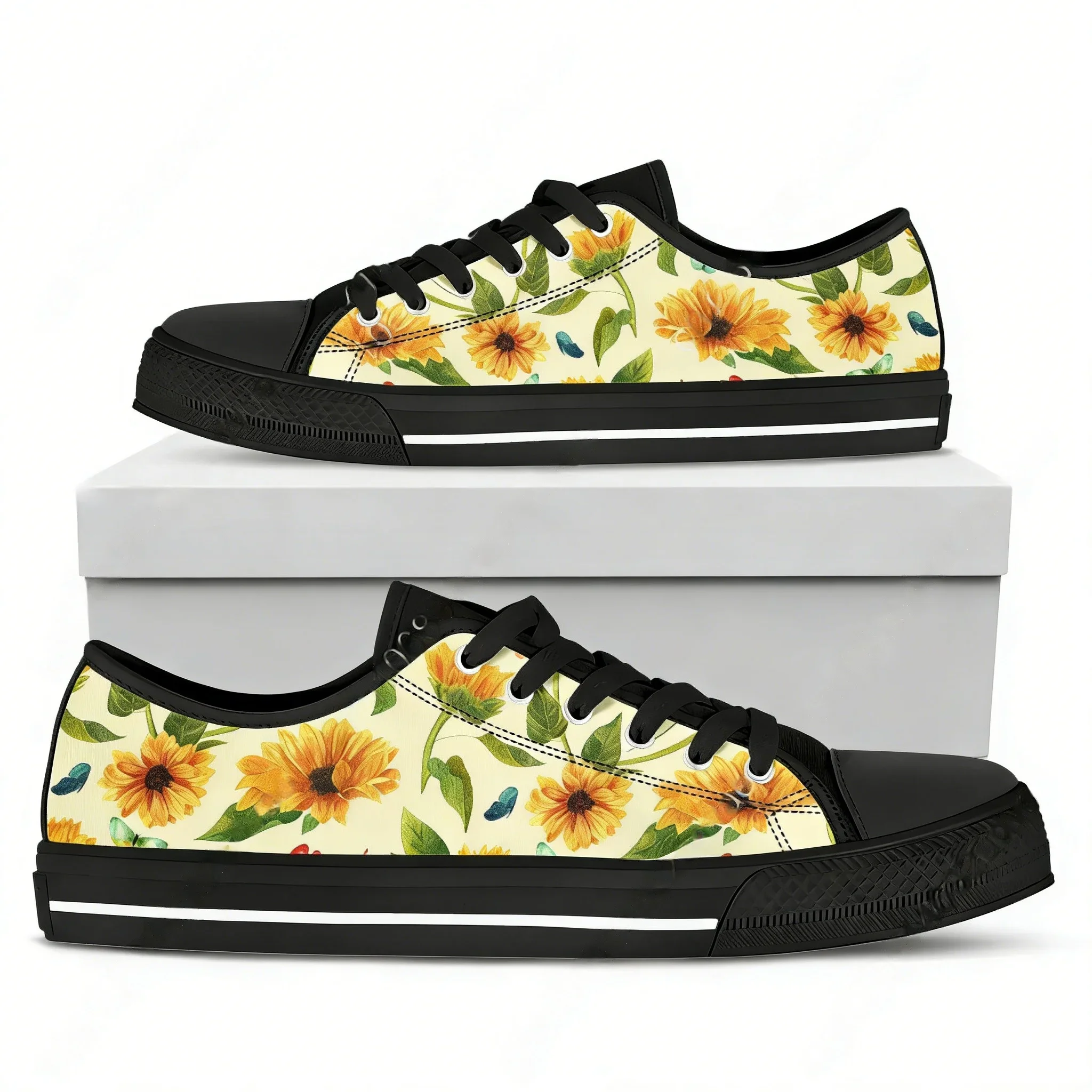 Sneakers For Woman Beautiful Yellow Flower Sunflower Low Top White & Black Canvas Shoes Designer Lady Shoes Zapatos Para Mujeres