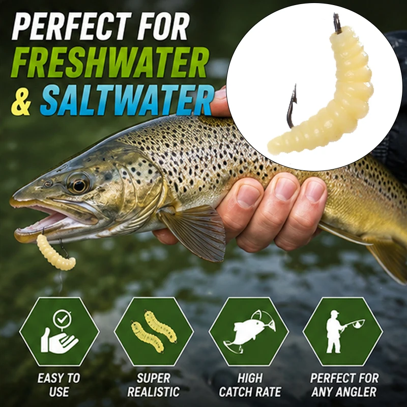 20PCS For Bass Trout Crappie Bluegill Freshwater Fishing Parts Grub Lures Rubber Bread Worm Maggots Fishing Bait Set With Hooks