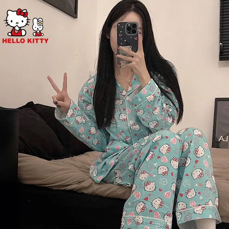 Cute Hello Kitty Cartoon Long Sleeve Pajamas Female New Autumn Winter Students Sweet Home Clothes Outside Spring Blue Sleepwear