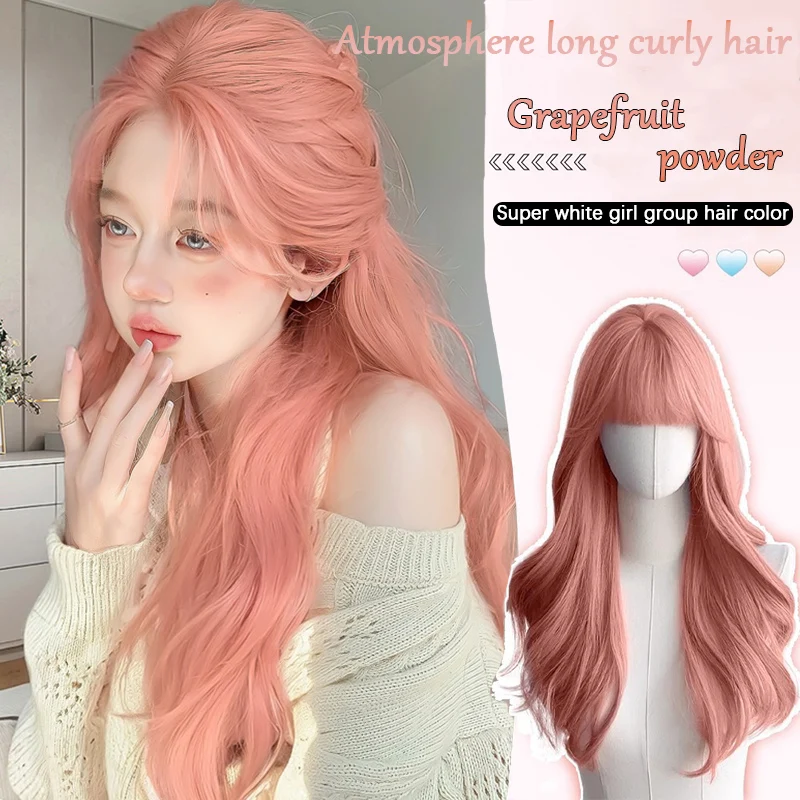 Wig rambut keriting panjang anak perempuan wig kepala penuh jeruk sintetis merah muda wig keriting panjang cocok untuk Halloween dan Natal cosplay