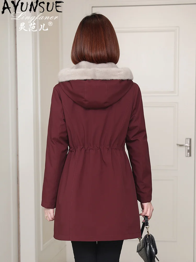 AYUNSUE 本物のミンクファーコート レディース 2025 冬服 本物の毛皮コート レディースコート ミドル丈パーカー 裏地取り外し可能 Пальто Женское