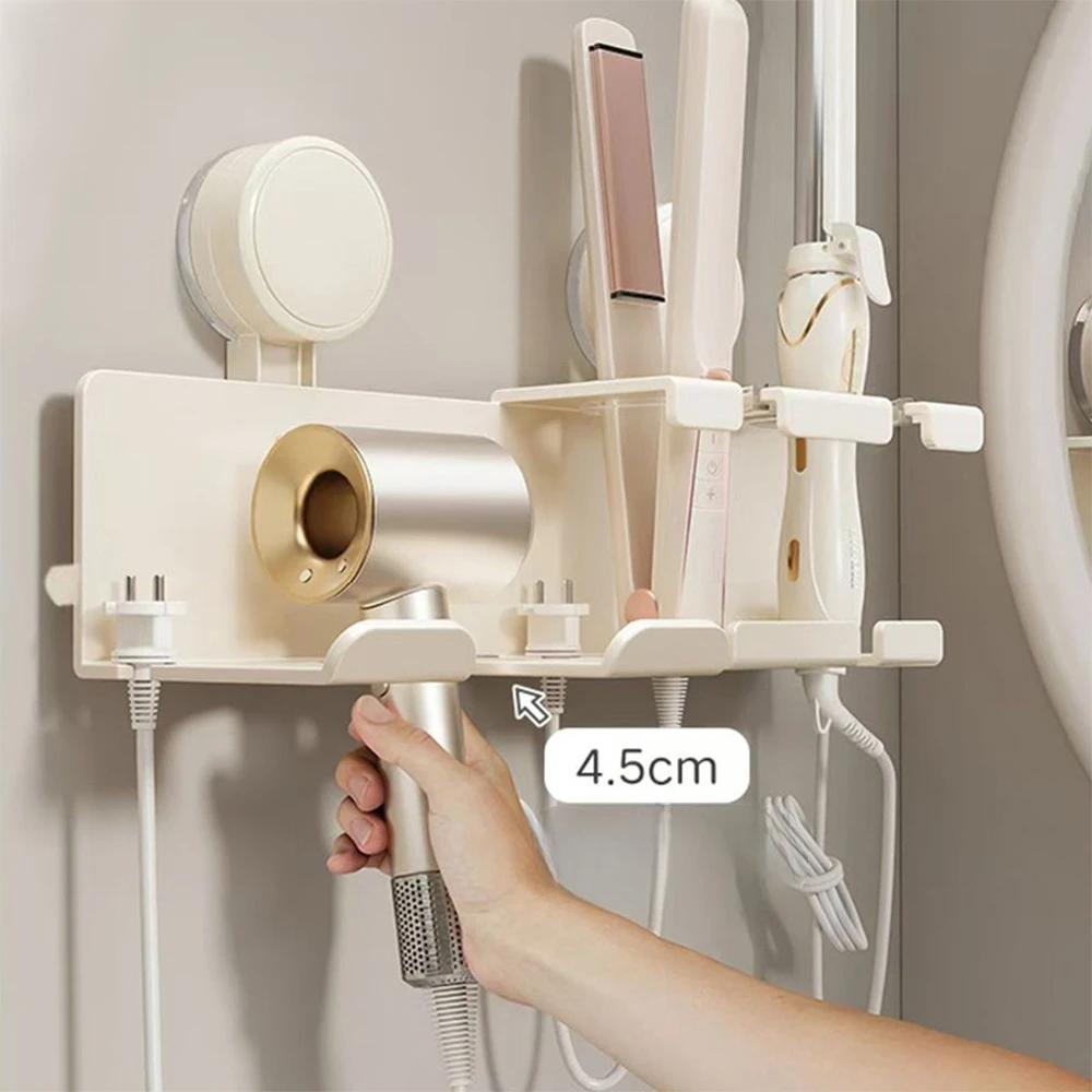 No Drill White Multifunctional Aluminum Alloy Suction Cup Hair Dryer Holder Wall Mounted Large Capacity Hair Dryer Storage Rack