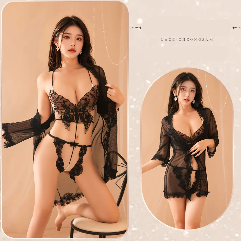 Sexy Lingerie Open Crotch Passionate Hollowed Out Lace Baby Doll Lingerie Two-piece Set Sex Clothes Prostitute Costume Sex Shop