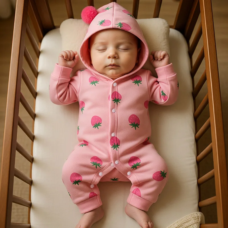 New Spring Clothes for Newborn Babies, New Baby Jumpsuit Full Moon Long Sleeved Spring and Autumn Strawberry Climbing Clothes