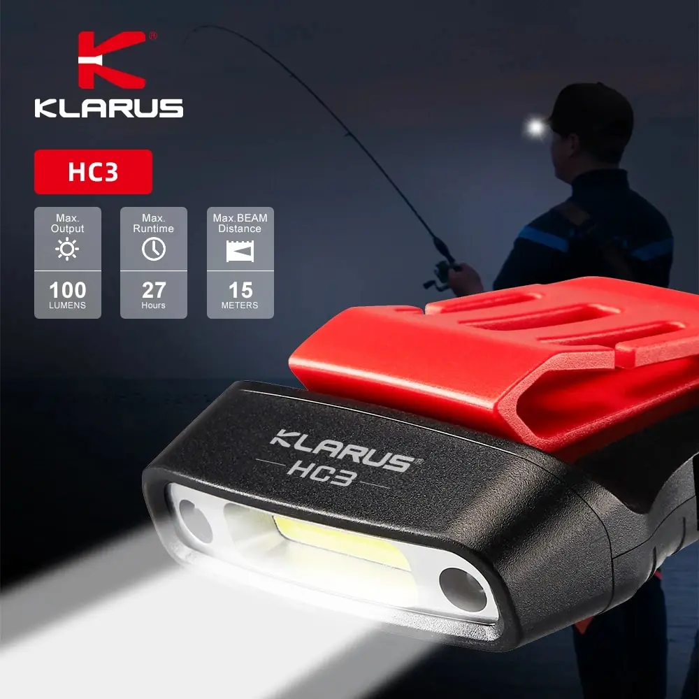 Klarus HC3 Rechargeable COB phare USB tête lampe de poche 100lm pince sur chapeau lumière capteur de mouvement phare pour pêche Camping