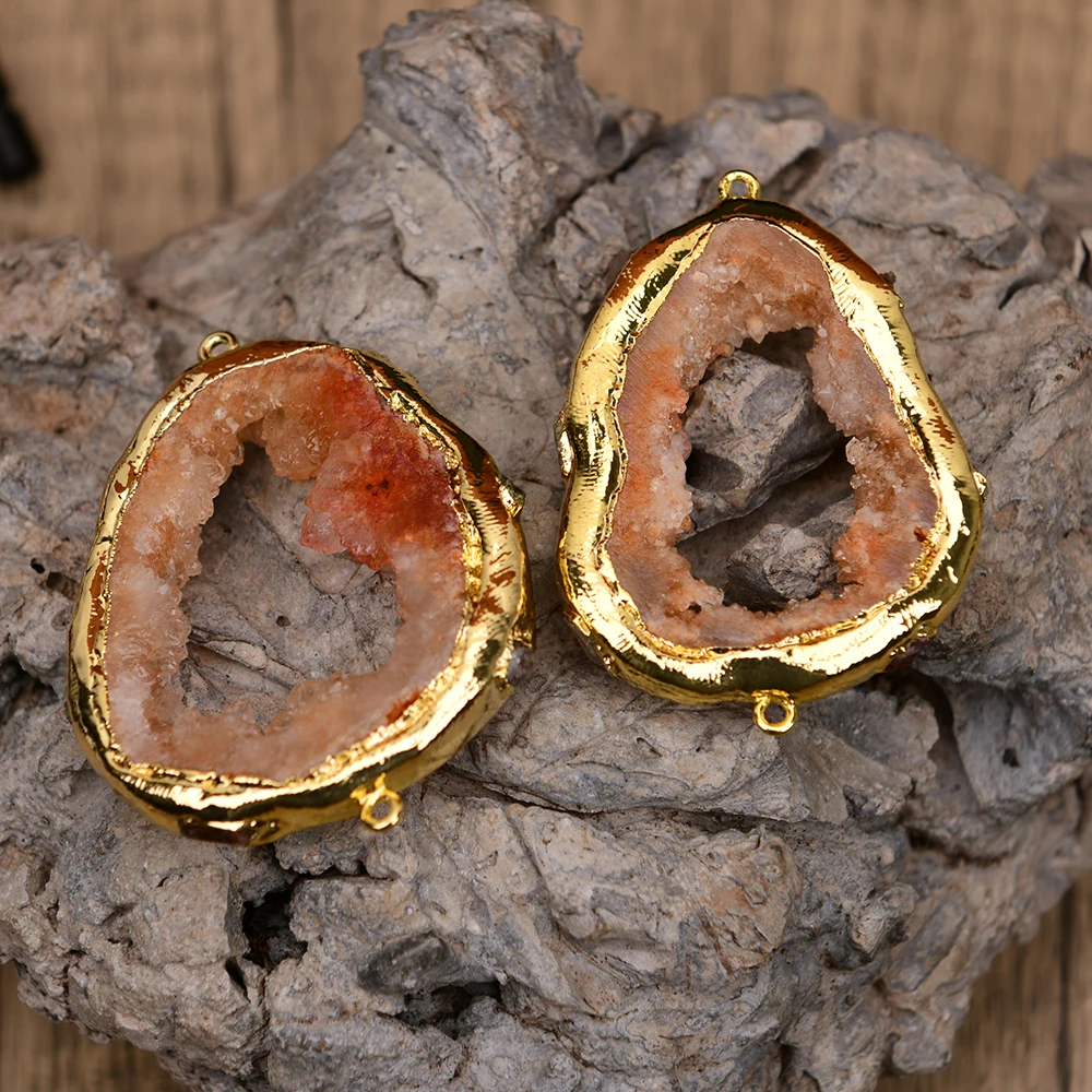 5 Pcs Big Natural Yellow Mix Color Agate Slice With Quartz Gold Edge Plated Paved Tourmaline Geode Connector Pendant