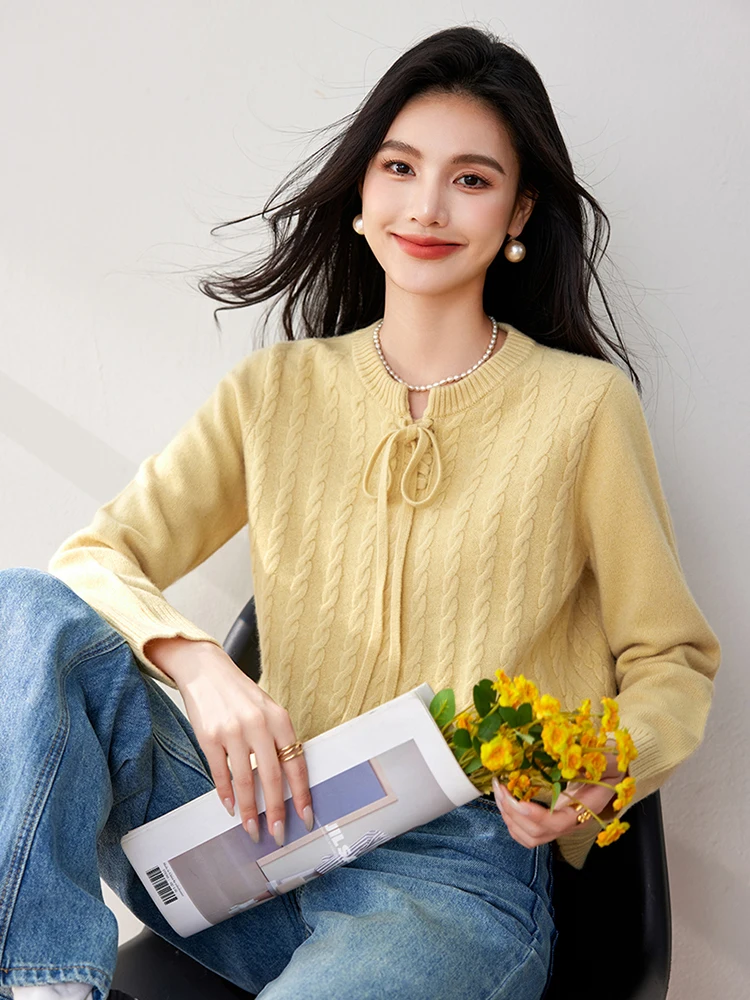 Women's Knitted Sweater 2024 Autumn New V-Neck Stringy Selvedge Cuffs Elegant Soft Solid Lace-up Tops Office Lady Sweater