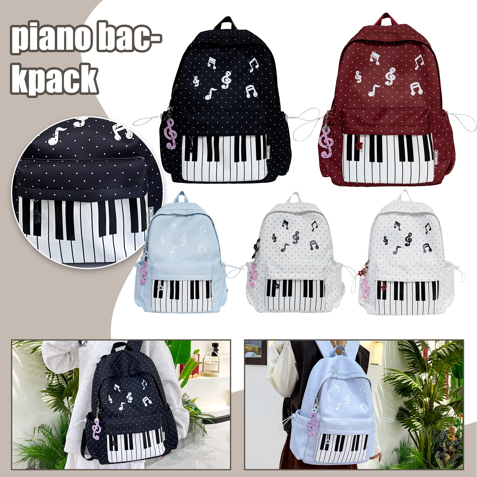 Piano-Themed Backpack Casual Piano Pattern Daypack Trendy Preppy Rucksack Polka Dots  Bookbags For College Students