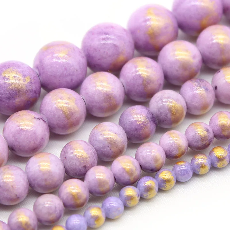 Natural Purple Gold Striped Jades Stone Round Loose Spacer Beads For Jewelry Making DIY Bracelet Necklace 15