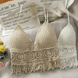 여성용 섹시한 탑 크로셰 탱크 탑, 여성용 코르셋, 크롭 캐미솔, 패션 니트 캐미스, 브래지어 백 레이스 홀터 넥 내장