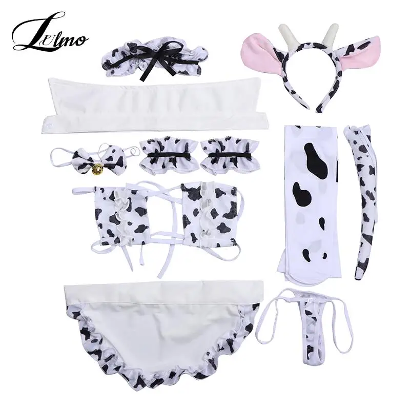 Cos Cow Cosplay Costume Maid Tankini Bikini Swimsuit Anime Girls Swimwear Clothing Lolita Bra And Panty Set Stockings