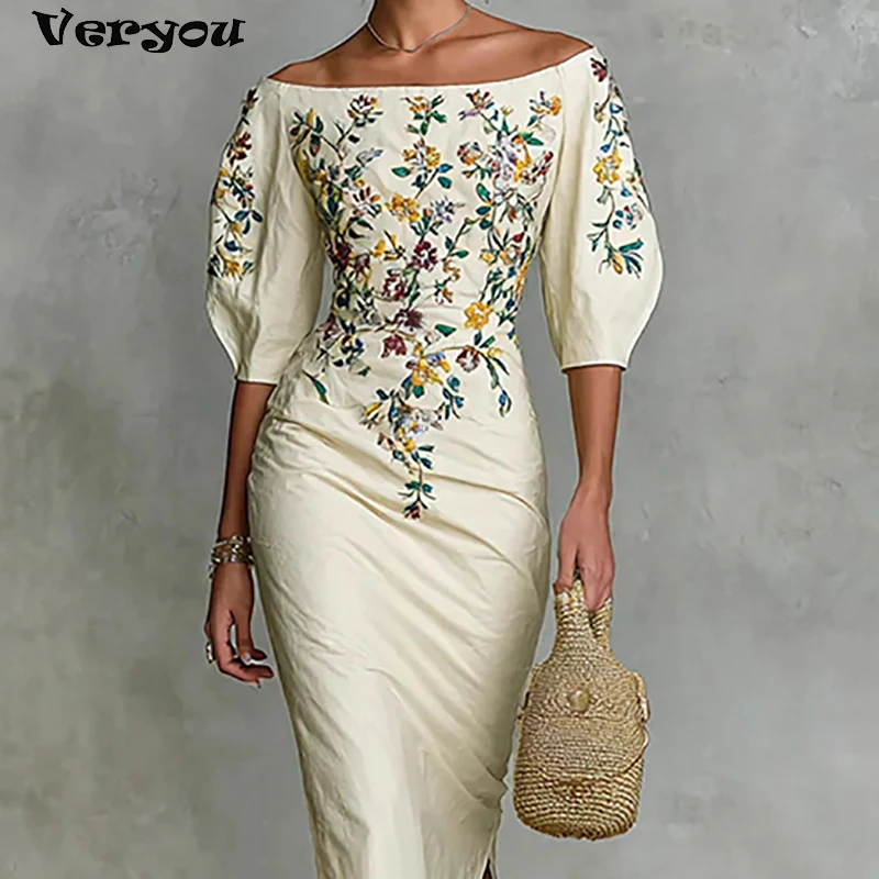 Mode V-ausschnitt Floral Bedruckte Party Kleid Frauen Off Schulter Halbe Hülse Midi Kleider Für Frauen Elegante, Figurbetontes Kleid