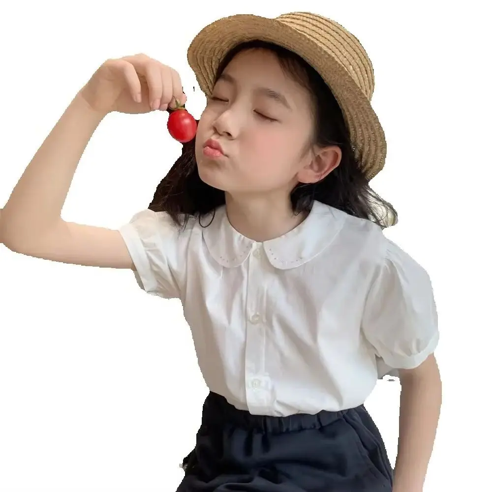

baby girls clothes kids tops Peter Pan collar embroidered lapel short sleeves white shirt Sweet solid color girls' shirt