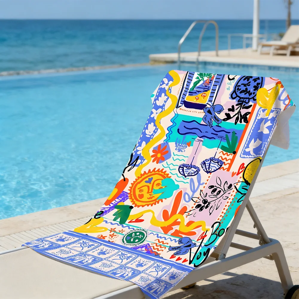 French Riviera Collage Beach Towel – Oversized Quick Dry Sand Free with Lemon & Palm Print