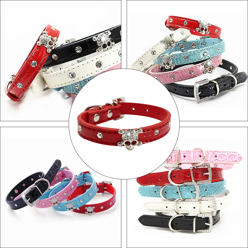 1 Pc Halloween Pet Collars PU Stylish Skull Design Crystal Dog Collars (Size S) Puppy Collars Stylish Pet Collars