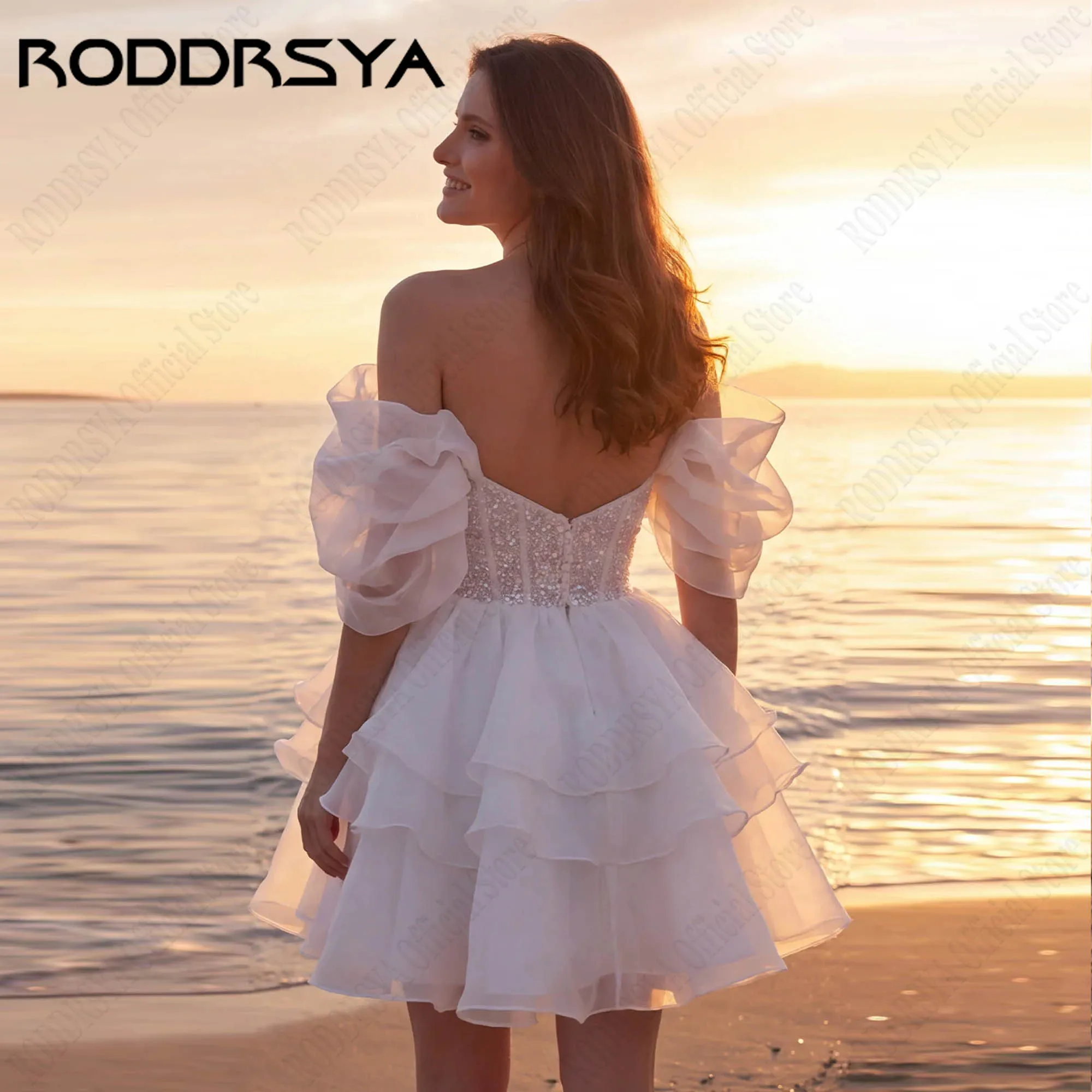 RODDRSYA Off-Shoulder Short Wedding Dress Sweetheart A-Line Bridal Shower Dress Sparkly vestidos de novia Backless Custom Made