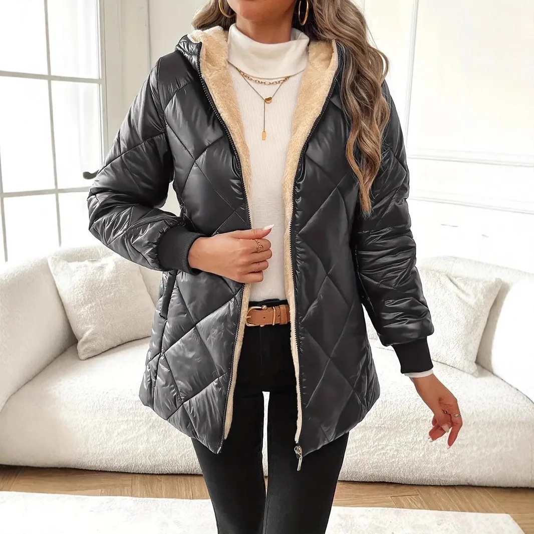New Winter Hooded. Diamond-patterned [unk]quilted[unk] Cotton Coat For Women, Mid-length, Thickened For Warmth, Loose Fit, And S