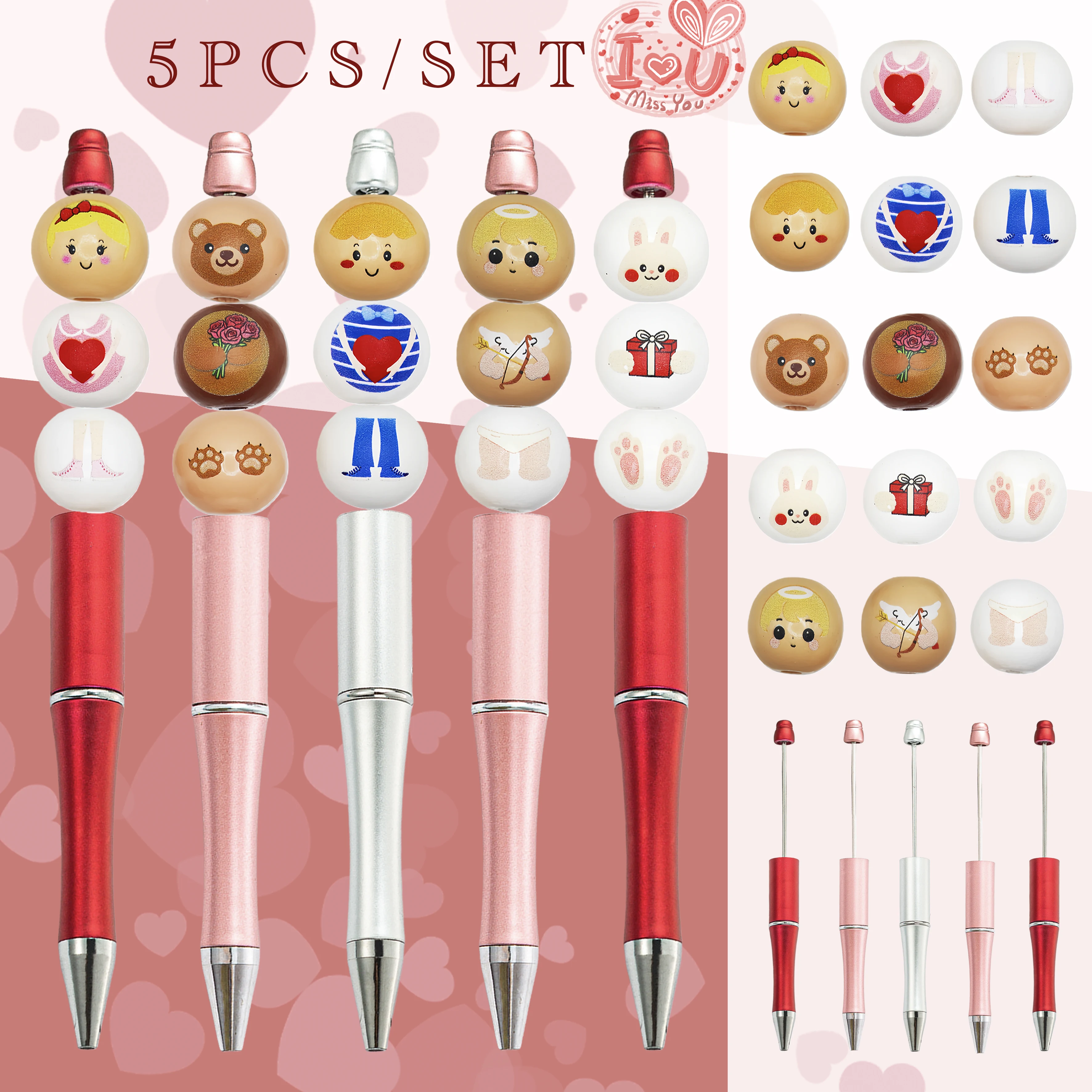 5 Stück Valentinstag-Paar-Kugelschreiber mit Perlen im Cupido-Kaninchen-Design und Perlen-Set – Kreatives Büro-Schreibwarenset