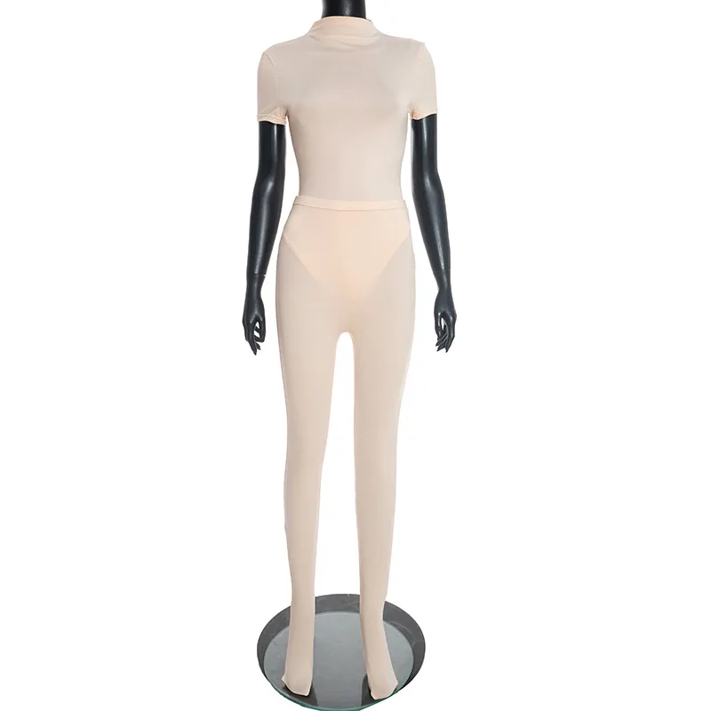 Fitness Workout Skinny 2 Piece Set Women Solid Half High Collar Short Sleeve Bodysuits Top + Footed Legging Pants Slim Tracksuit