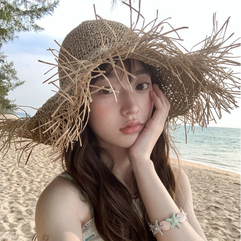 

Women's Straw Hats for Summer Beach Vacation Sun Hat Wide-brimmed, Raw-edge Fisherman's Hat Western-Style Custom Hats