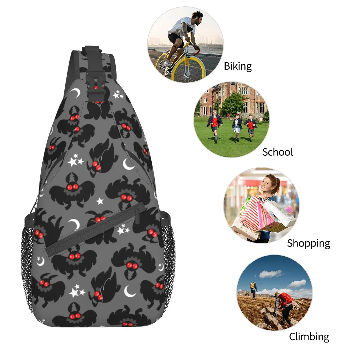 Cute Cryptids Mothman Crossbody Sling Bag Printed Chest Bag cartoon Shoulder Backpack Daypack for Hiking Travel Sports Bag