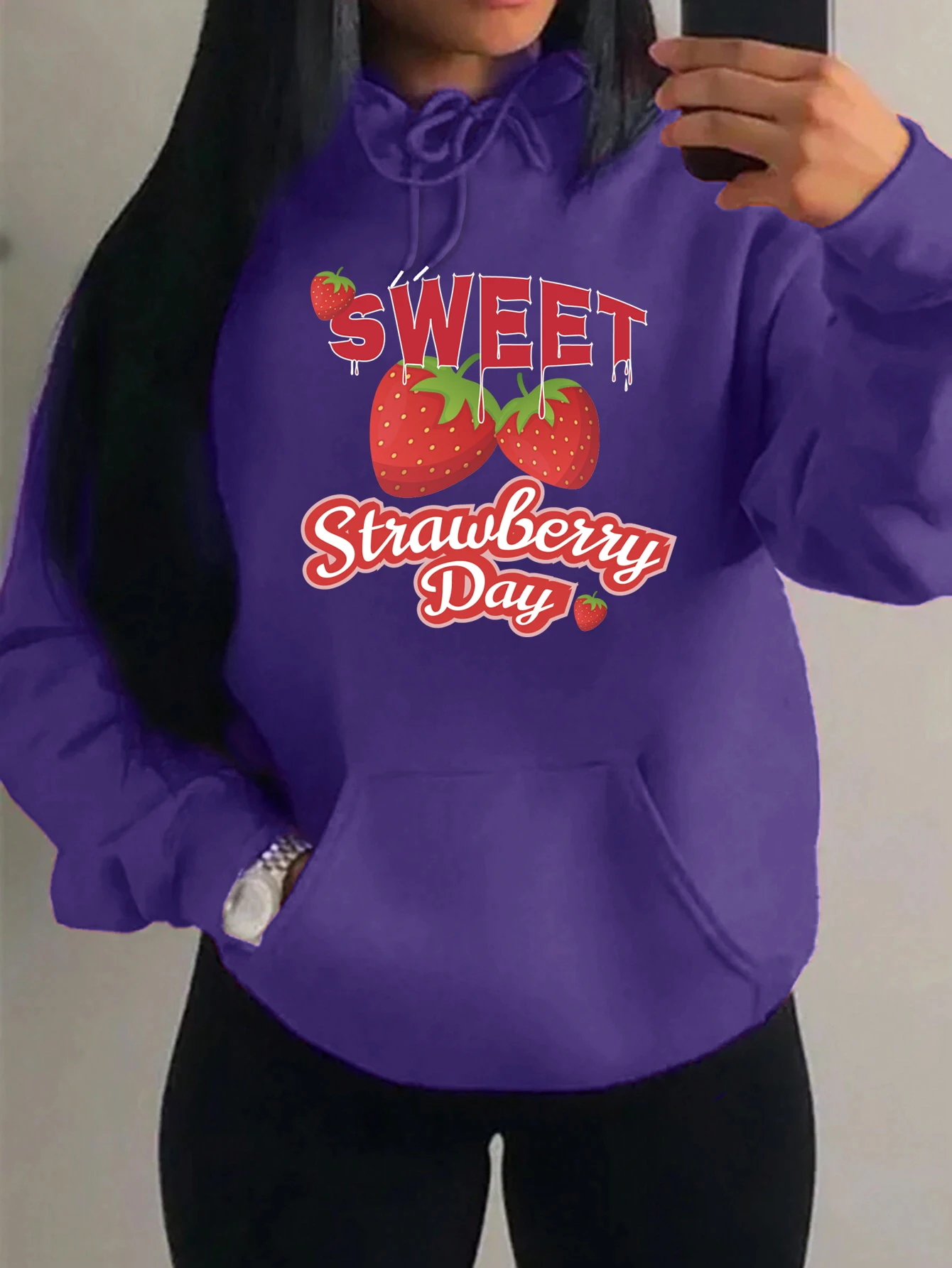 

Sweet Strawberry Day Printed Hoodies Women Fashion All-Match Pullover Hip Hop Y2K Womenswear Casual Multicolor Female Hoody