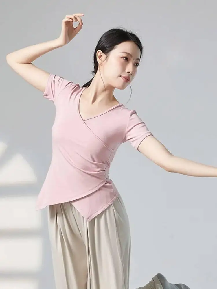 인쇄 된 짧은 소매 스플릿 밑단 슬림 피트 댄스 탑 여성용 현대 현대 재즈 서정적 무대 공연 연습 착용