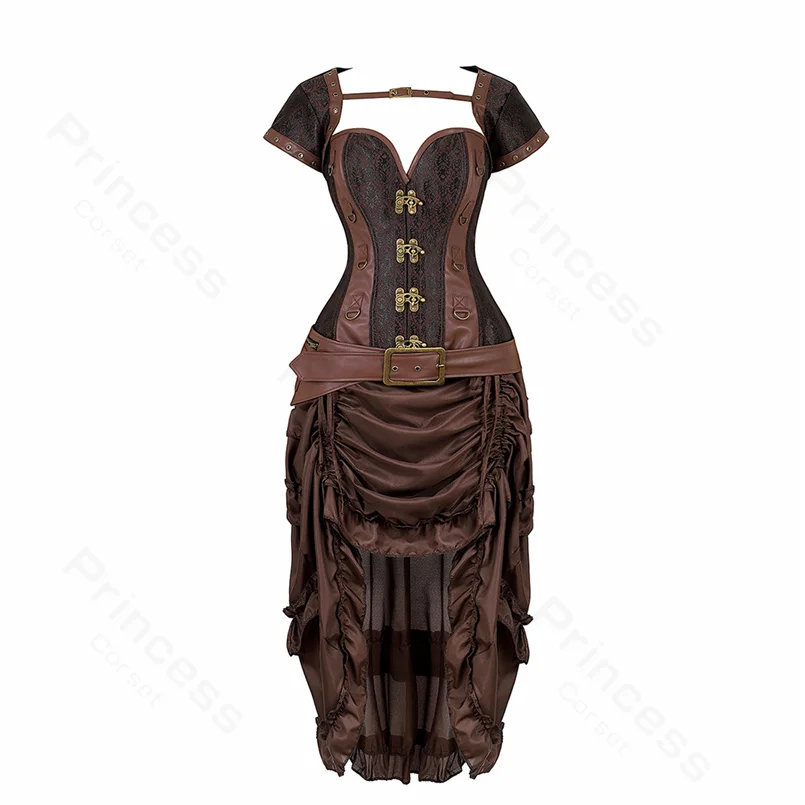 Piraat Kostuum Voor Vrouwen Piraat Jurk Punk Lederen Corset Top Met Trekkoord Rok Bruin Steampunk Corset Jurk Plus Size