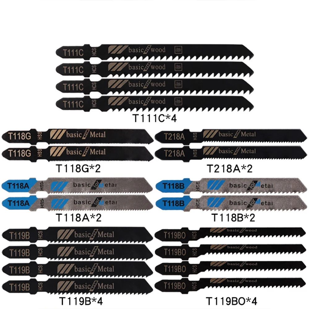 

20 Pcs/set HCS Assorted JigSaw Blades for Wood Plastic and Aluminum Fine and Medium Tooth Saw Blades Jigsaw Blades T-Shaft