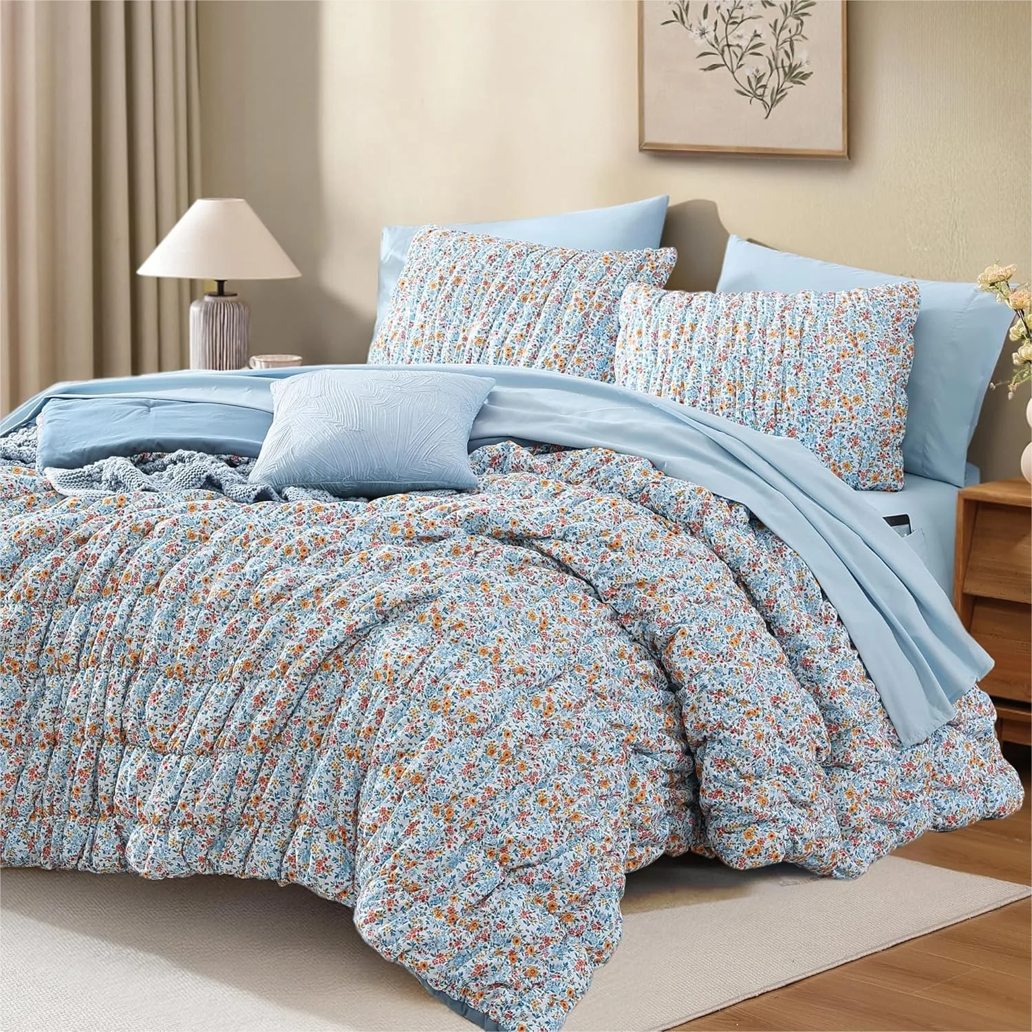 

Full Size Comforter Set 7 Pieces Puff Floral Bedding with Sheets and Pillowcases for All Seasons Shabby Chic Farmhouse